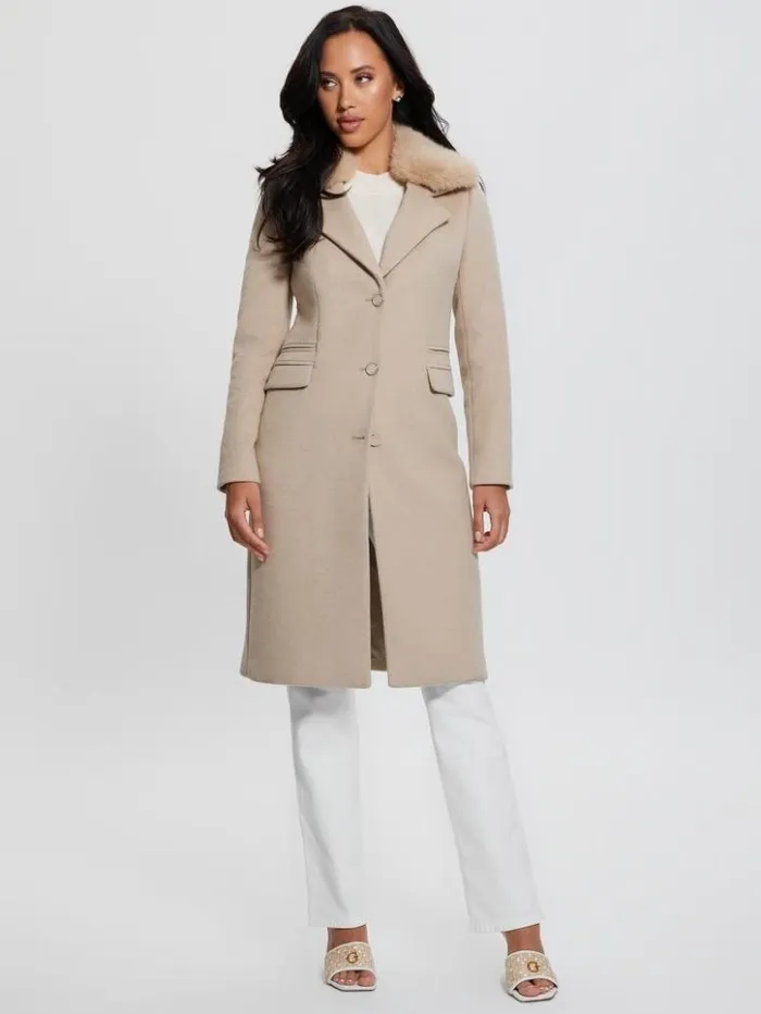 Women GUESS Jackets and Coats Eco Laurence FauxFur Midi Coat Cemento