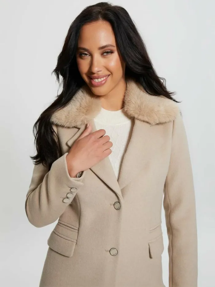 Women GUESS Jackets and Coats Eco Laurence FauxFur Midi Coat Cemento