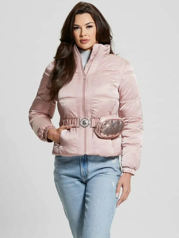 Women GUESS Jackets and Coats Eco Lucia Belt Bag Puffer Jacket Rosy Violet Multi Women GUESS Jackets and Coats Eco Lucia Belt Bag Puffer Jacket Rosy Violet Multi