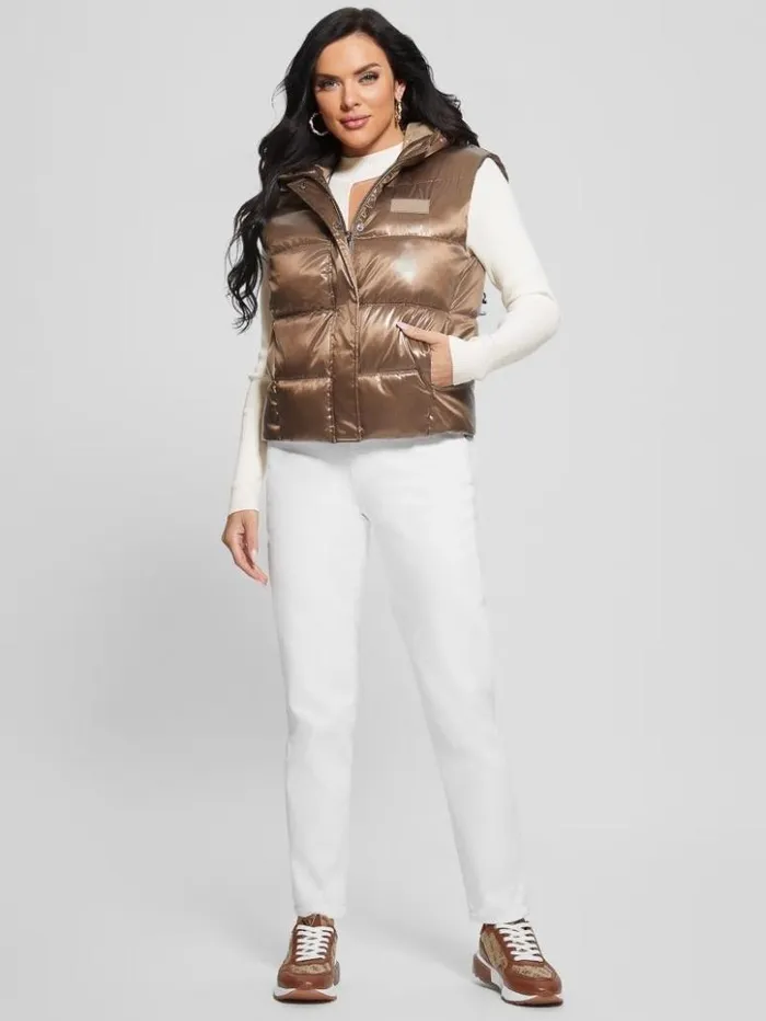Women GUESS Jackets and Coats Eco Noemi Quilted Vest Toasted Taupe Multi