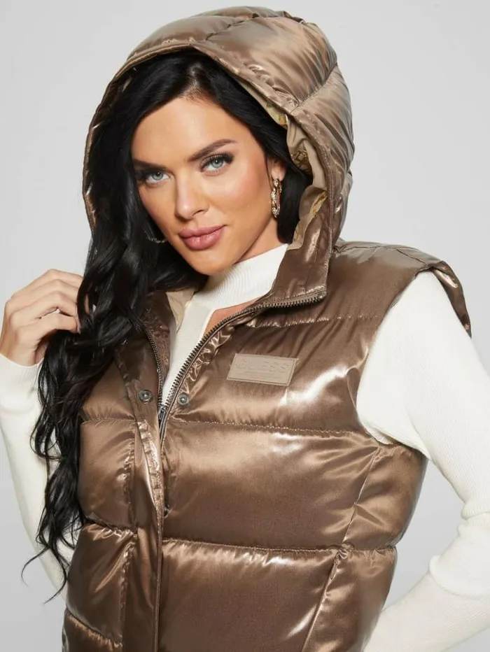 Women GUESS Jackets and Coats Eco Noemi Quilted Vest Toasted Taupe Multi