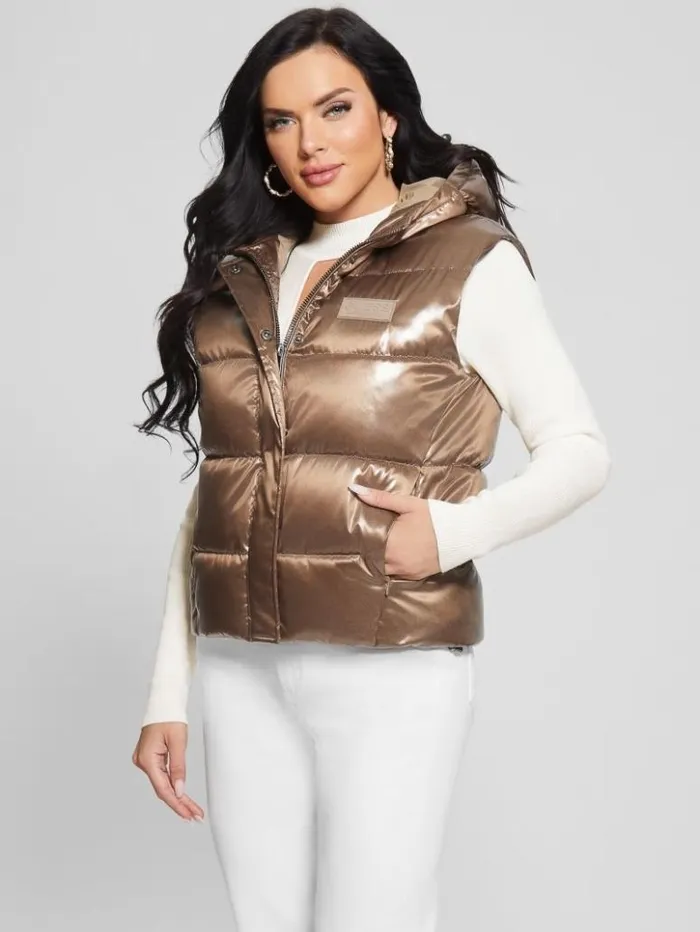 Women GUESS Jackets and Coats Eco Noemi Quilted Vest Toasted Taupe Multi