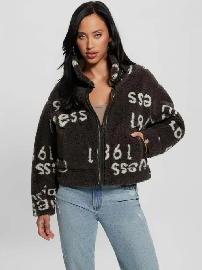 Women GUESS Jackets and Coats Eco Raquel Reversible Biker Jacket Brown And Cream Logo