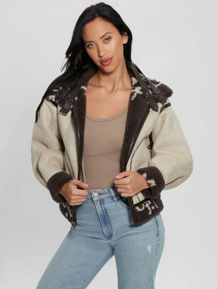 Women GUESS Jackets and Coats Eco Raquel Reversible Biker Jacket Brown And Cream Logo Women GUESS Jackets and Coats Eco Raquel Reversible Biker Jacket Brown And Cream Logo