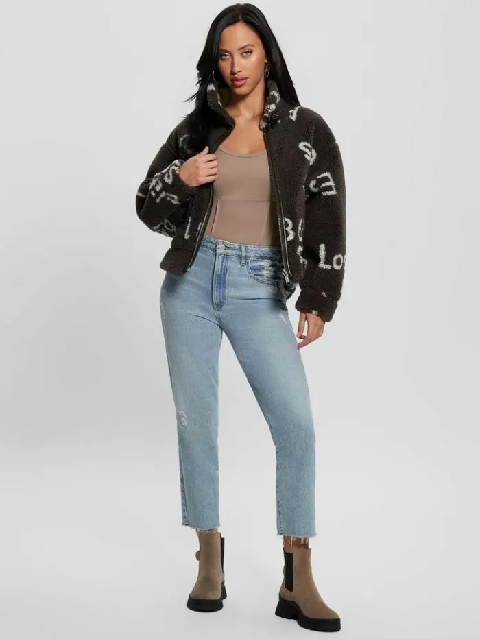 Women GUESS Jackets and Coats Eco Raquel Reversible Biker Jacket Brown And Cream Logo Women GUESS Jackets and Coats Eco Raquel Reversible Biker Jacket Brown And Cream Logo