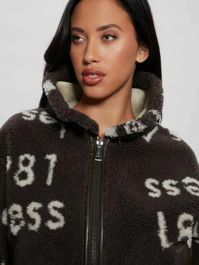 Women GUESS Jackets and Coats Eco Raquel Reversible Biker Jacket Brown And Cream Logo Women GUESS Jackets and Coats Eco Raquel Reversible Biker Jacket Brown And Cream Logo