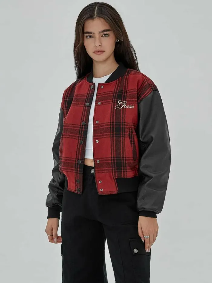 Women GUESS Jackets and Coats GUESS Originals Plaid Varsity Jacket Jet Black Multi Women GUESS Jackets and Coats GUESS Originals Plaid Varsity Jacket Jet Black Multi