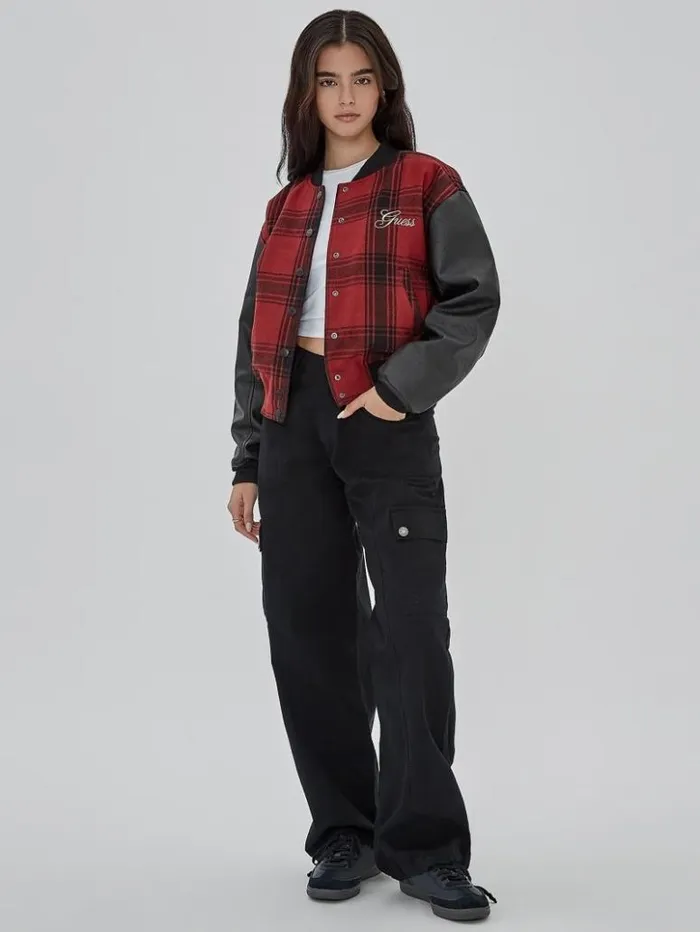 Women GUESS Jackets and Coats GUESS Originals Plaid Varsity Jacket Jet Black Multi Women GUESS Jackets and Coats GUESS Originals Plaid Varsity Jacket Jet Black Multi