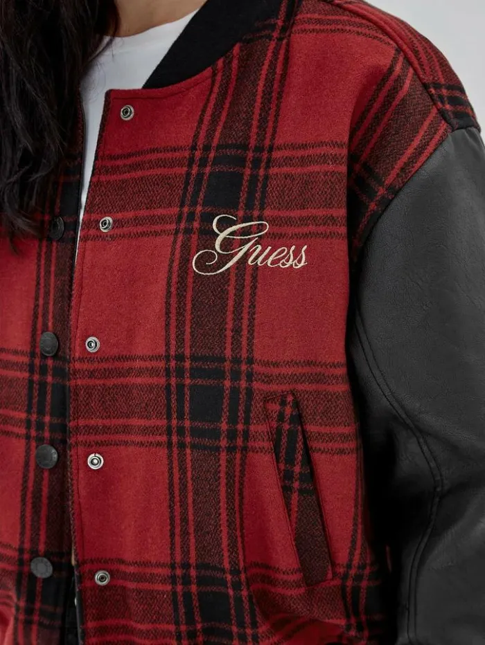 Women GUESS Jackets and Coats GUESS Originals Plaid Varsity Jacket Jet Black Multi Women GUESS Jackets and Coats GUESS Originals Plaid Varsity Jacket Jet Black Multi