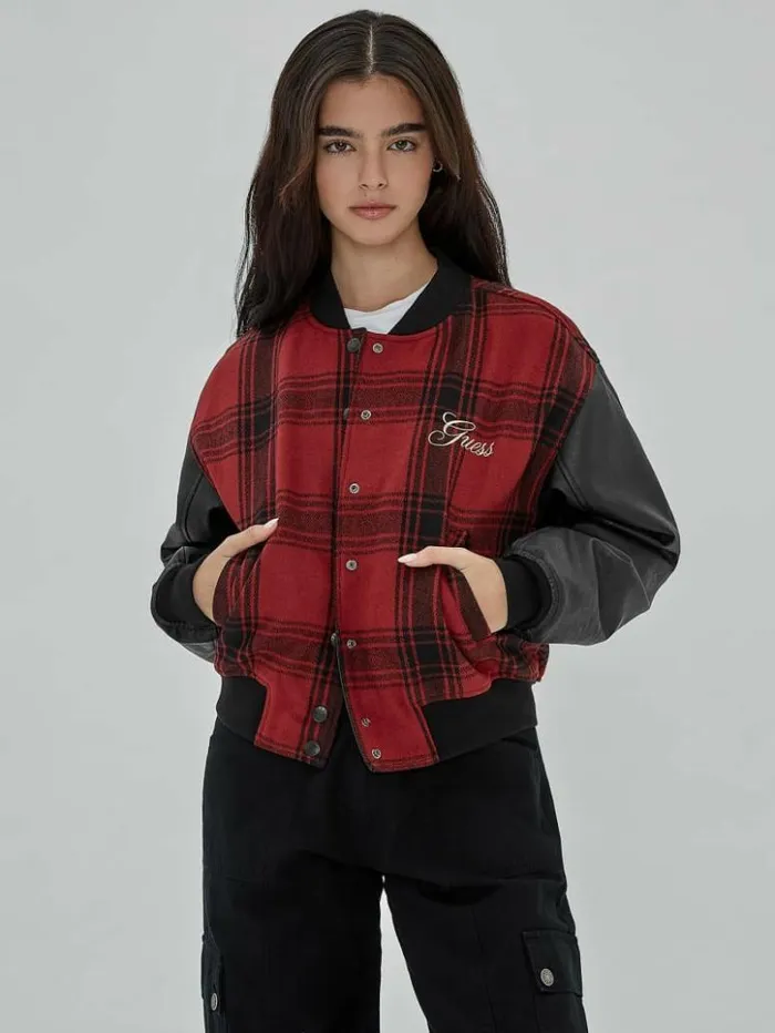 Women GUESS Jackets and Coats GUESS Originals Plaid Varsity Jacket Jet Black Multi Women GUESS Jackets and Coats GUESS Originals Plaid Varsity Jacket Jet Black Multi