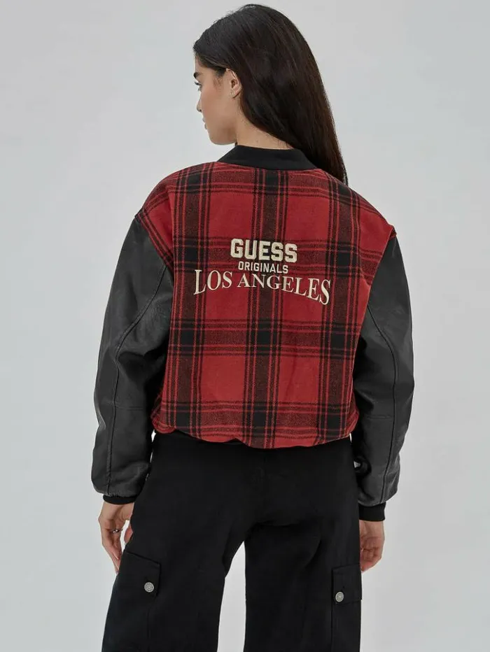 Women GUESS Jackets and Coats GUESS Originals Plaid Varsity Jacket Jet Black Multi Women GUESS Jackets and Coats GUESS Originals Plaid Varsity Jacket Jet Black Multi
