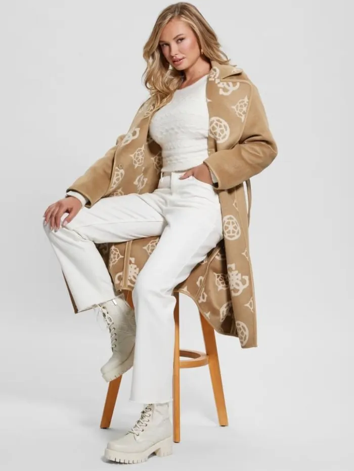 Women GUESS Jackets and Coats Ludovica WoolBlend Wrap Coat Jacquard Logo Beige Combo Women GUESS Jackets and Coats Ludovica WoolBlend Wrap Coat Jacquard Logo Beige Combo