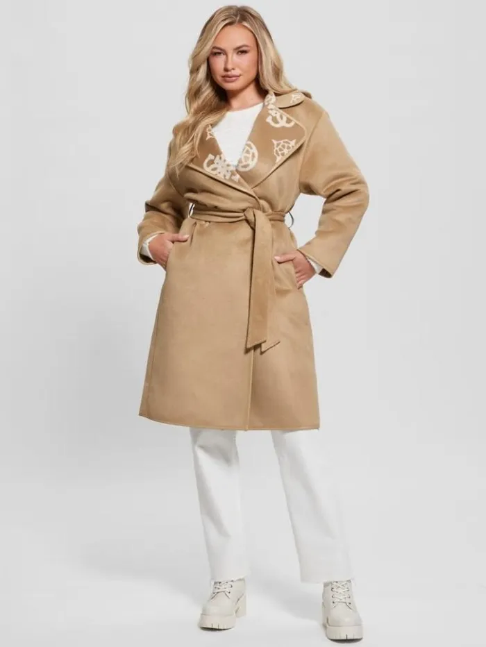 Women GUESS Jackets and Coats Ludovica WoolBlend Wrap Coat Jacquard Logo Beige Combo Women GUESS Jackets and Coats Ludovica WoolBlend Wrap Coat Jacquard Logo Beige Combo