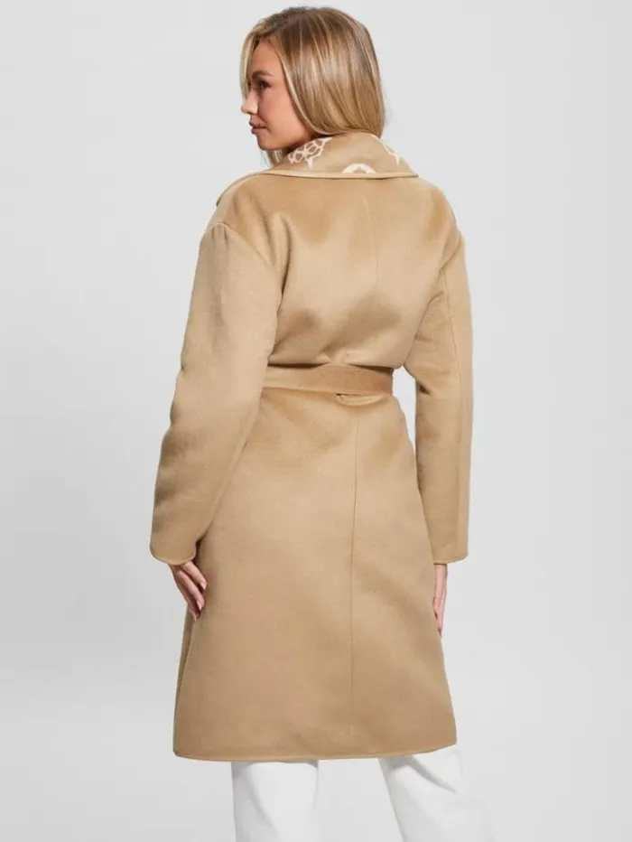 Women GUESS Jackets and Coats Ludovica WoolBlend Wrap Coat Jacquard Logo Beige Combo Women GUESS Jackets and Coats Ludovica WoolBlend Wrap Coat Jacquard Logo Beige Combo
