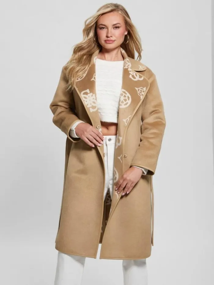 Women GUESS Jackets and Coats Ludovica WoolBlend Wrap Coat Jacquard Logo Beige Combo Women GUESS Jackets and Coats Ludovica WoolBlend Wrap Coat Jacquard Logo Beige Combo