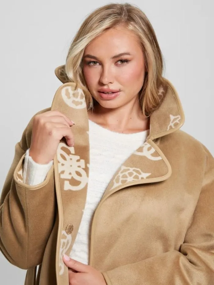 Women GUESS Jackets and Coats Ludovica WoolBlend Wrap Coat Jacquard Logo Beige Combo Women GUESS Jackets and Coats Ludovica WoolBlend Wrap Coat Jacquard Logo Beige Combo