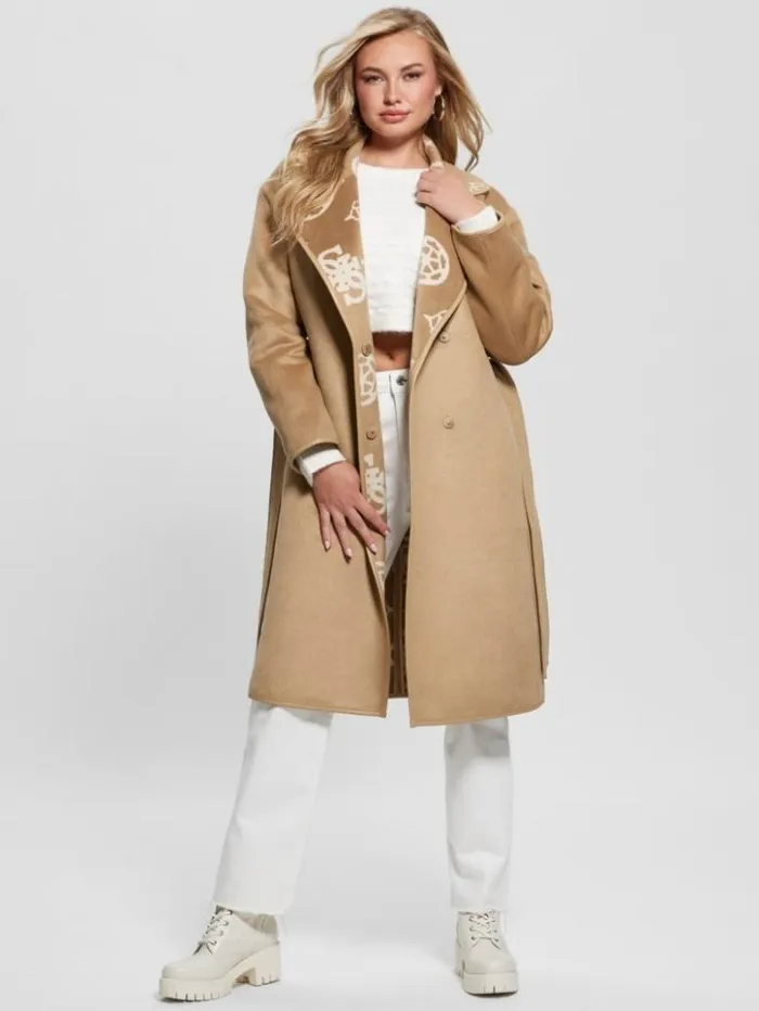 Women GUESS Jackets and Coats Ludovica WoolBlend Wrap Coat Jacquard Logo Beige Combo Women GUESS Jackets and Coats Ludovica WoolBlend Wrap Coat Jacquard Logo Beige Combo