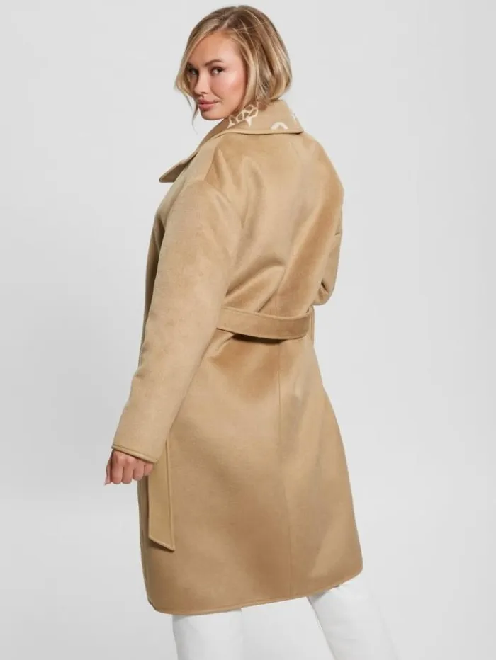 Women GUESS Jackets and Coats Ludovica WoolBlend Wrap Coat Jacquard Logo Beige Combo Women GUESS Jackets and Coats Ludovica WoolBlend Wrap Coat Jacquard Logo Beige Combo