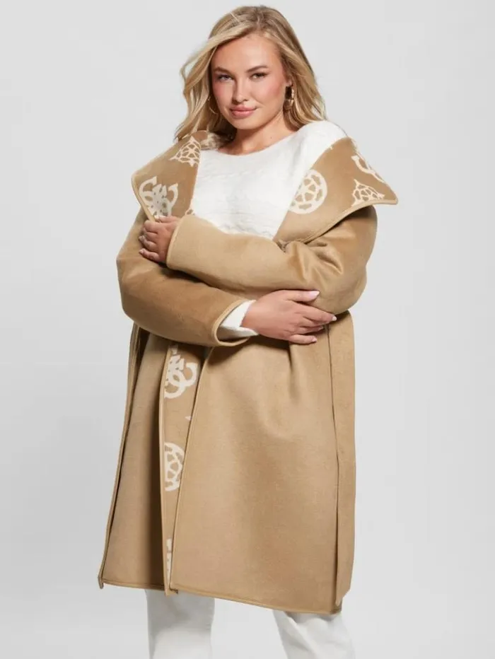 Women GUESS Jackets and Coats Ludovica WoolBlend Wrap Coat Jacquard Logo Beige Combo Women GUESS Jackets and Coats Ludovica WoolBlend Wrap Coat Jacquard Logo Beige Combo