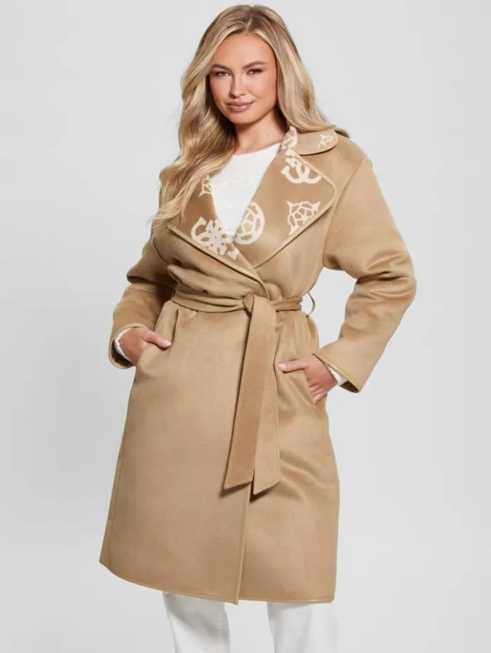 Women GUESS Jackets and Coats Ludovica WoolBlend Wrap Coat Jacquard Logo Beige Combo Women GUESS Jackets and Coats Ludovica WoolBlend Wrap Coat Jacquard Logo Beige Combo