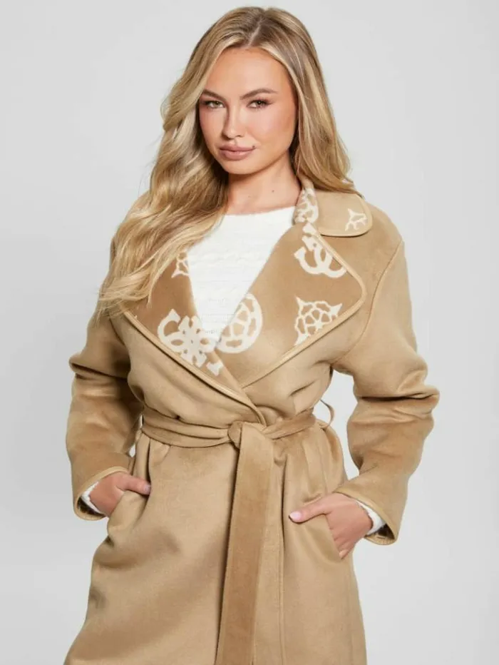 Women GUESS Jackets and Coats Ludovica WoolBlend Wrap Coat Jacquard Logo Beige Combo Women GUESS Jackets and Coats Ludovica WoolBlend Wrap Coat Jacquard Logo Beige Combo