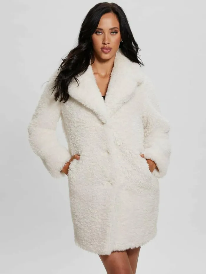 Women GUESS Jackets and Coats Nives FauxFur Coat Cream White