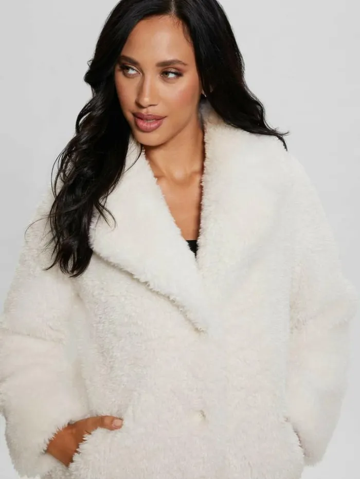 Women GUESS Jackets and Coats Nives FauxFur Coat Cream White