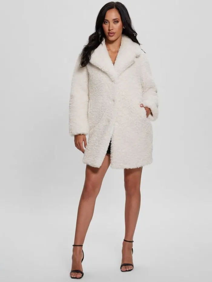 Women GUESS Jackets and Coats Nives FauxFur Coat Cream White