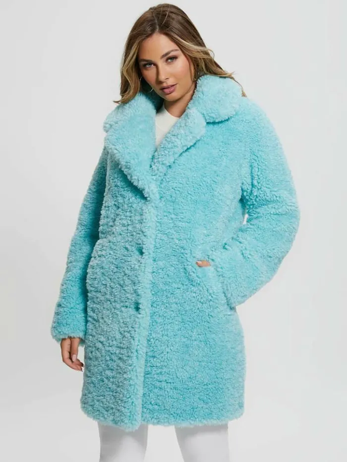 Women GUESS Jackets and Coats Nives FauxFur Coat Surf Jade Multi