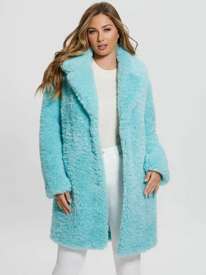 Women GUESS Jackets and Coats Nives FauxFur Coat Surf Jade Multi