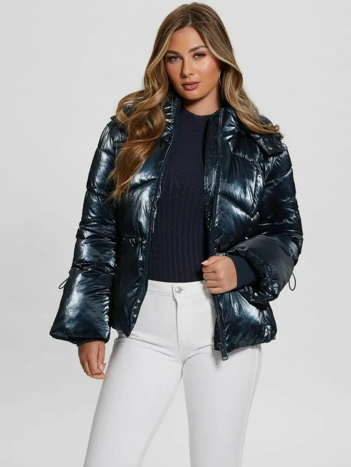 Women GUESS Jackets and Coats Paloma Nylon Puffer Hooded Jacket Navy Fiord Multi
