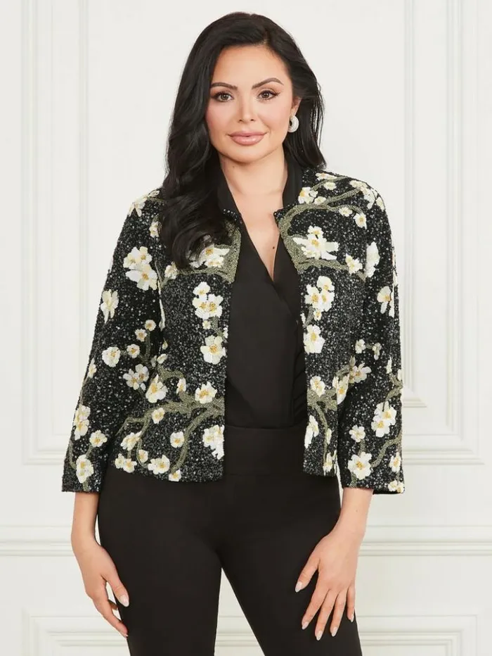 Women GUESS Jackets and Coats Precious Embroidered Sequin Jacket Blossom Black Cave Embr