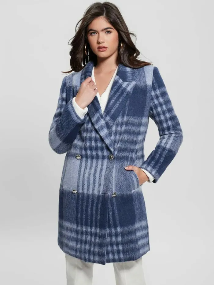 Women GUESS Jackets and Coats Ramona Plaid Coat Blue Check