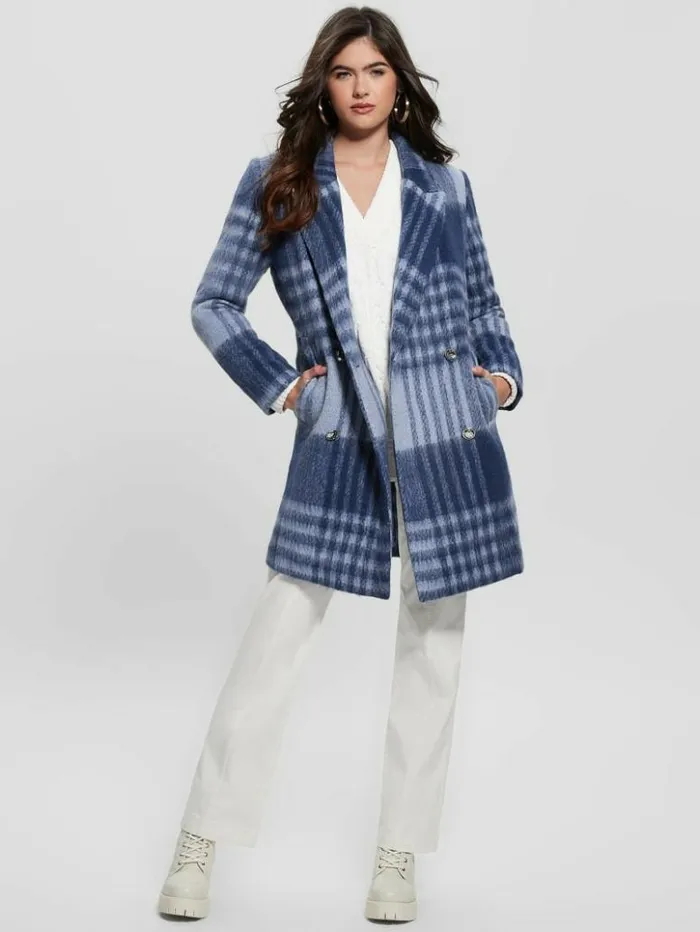 Women GUESS Jackets and Coats Ramona Plaid Coat Blue Check