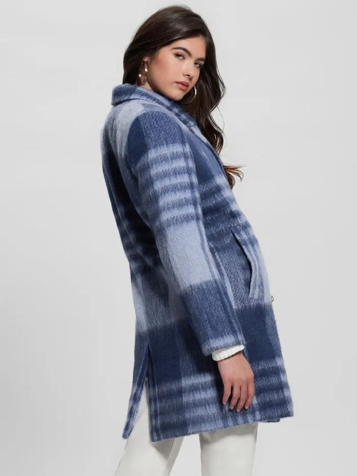 Women GUESS Jackets and Coats Ramona Plaid Coat Blue Check