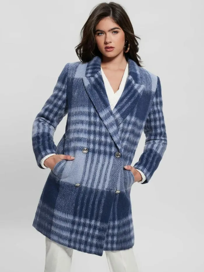 Women GUESS Jackets and Coats Ramona Plaid Coat Blue Check