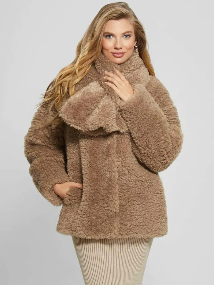 Women GUESS Jackets and Coats Rebecca Scarf Teddy Jacket Wet Sand