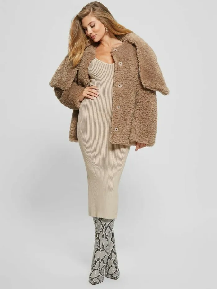Women GUESS Jackets and Coats Rebecca Scarf Teddy Jacket Wet Sand