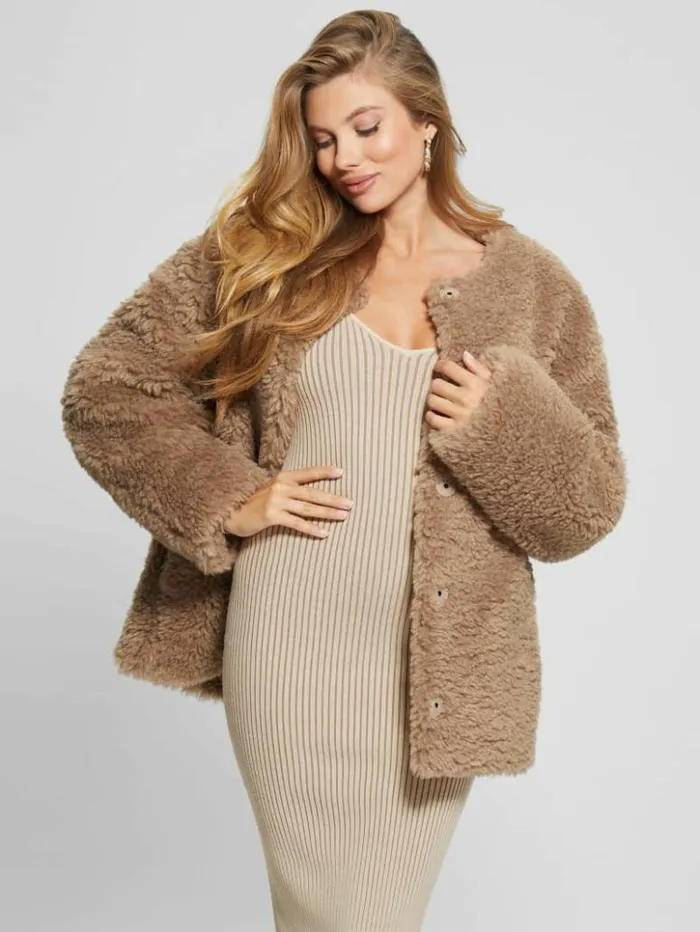 Women GUESS Jackets and Coats Rebecca Scarf Teddy Jacket Wet Sand