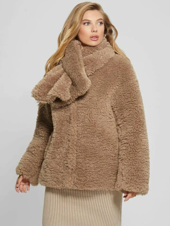 Women GUESS Jackets and Coats Rebecca Scarf Teddy Jacket Wet Sand