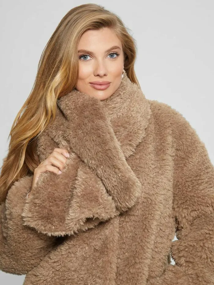 Women GUESS Jackets and Coats Rebecca Scarf Teddy Jacket Wet Sand