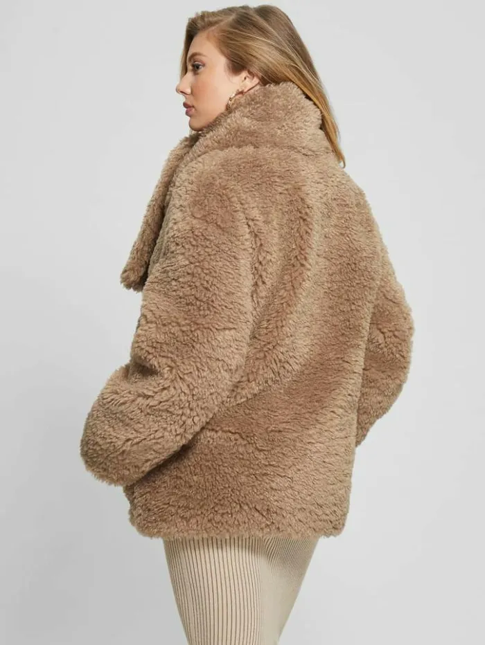 Women GUESS Jackets and Coats Rebecca Scarf Teddy Jacket Wet Sand