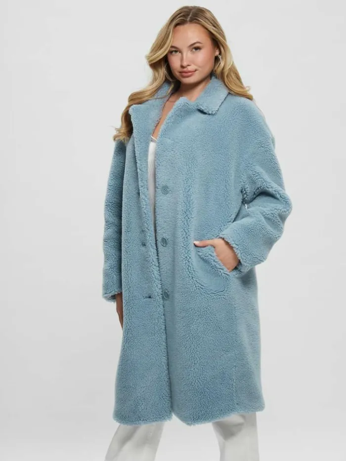 Women GUESS Jackets and Coats Solange FauxFur Coat Waterfall Blue