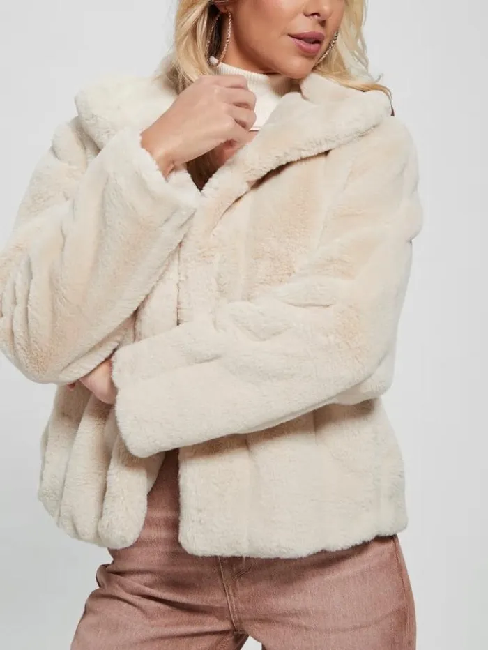 Women GUESS Jackets and Coats Sophy FauxFur Jacket Pearl Oyster