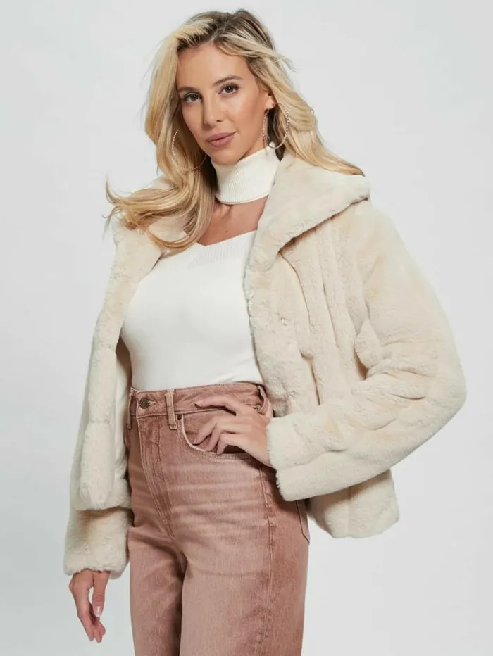 Women GUESS Jackets and Coats Sophy FauxFur Jacket Pearl Oyster