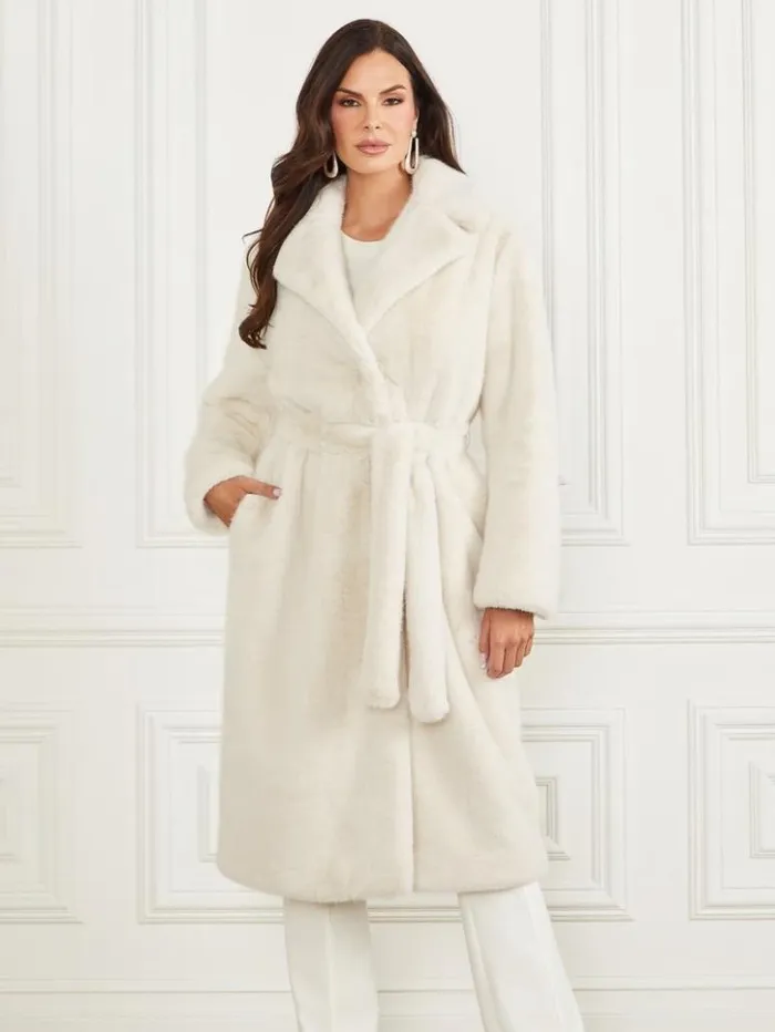 Women GUESS Jackets and Coats Tania FauxFur Coat Pale Pearl Multi