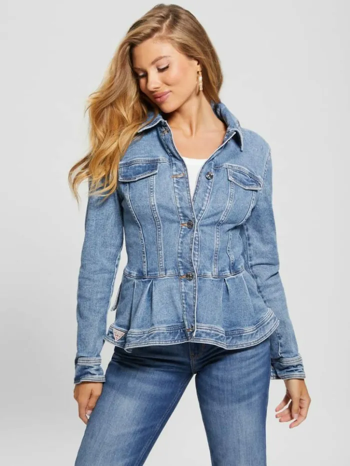 Women GUESS Jeans and Denim Peplum Ruffle Denim Jacket Tradewinds