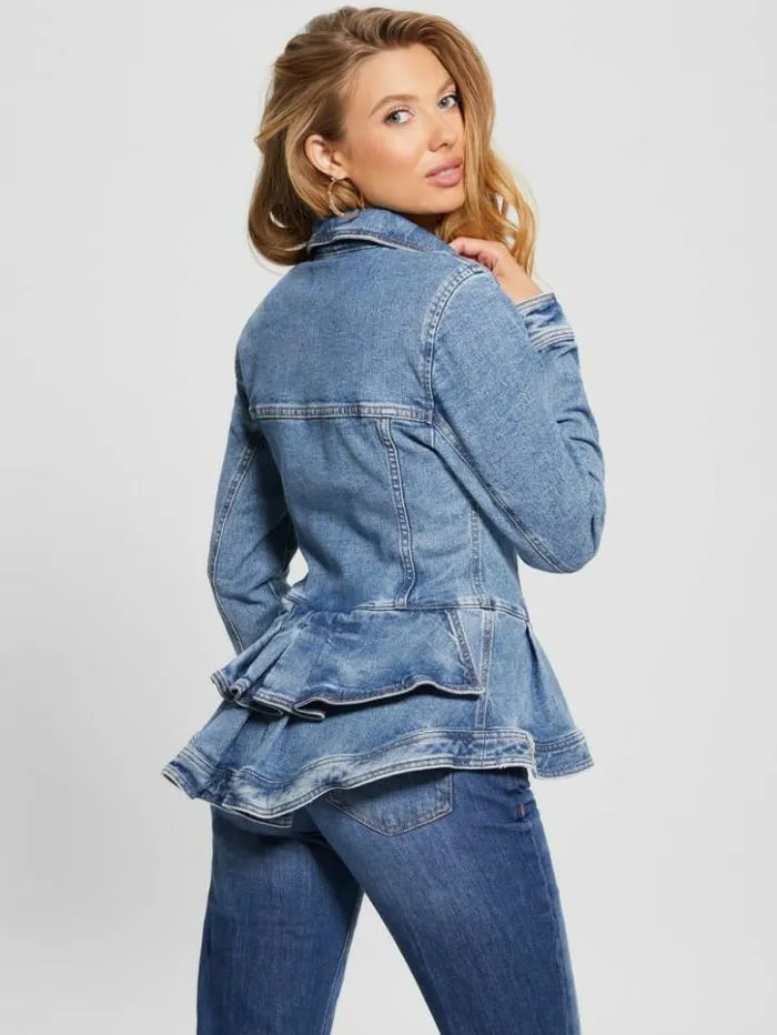 Women GUESS Jeans and Denim Peplum Ruffle Denim Jacket Tradewinds