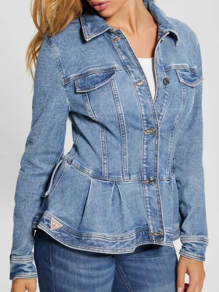 Women GUESS Jeans and Denim Peplum Ruffle Denim Jacket Tradewinds