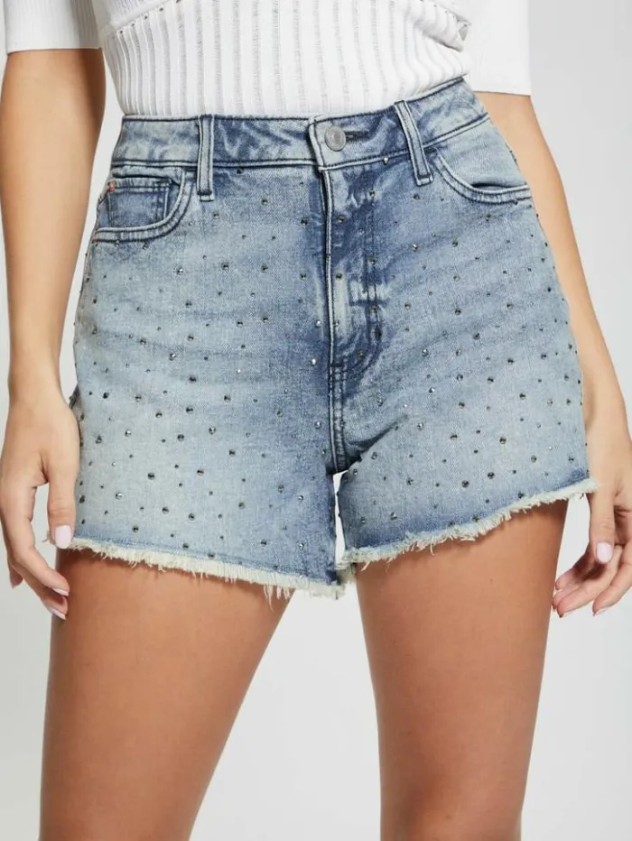 Women GUESS Jeans and Denim Rhinestone Denim Shorts Jewelled Indigo Wash